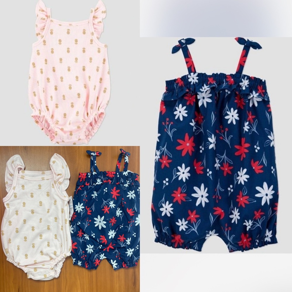 Lot of 2 Carters Baby Girl 6M Bundle Blue Floral Romper Pink Bodysuit Pineapple